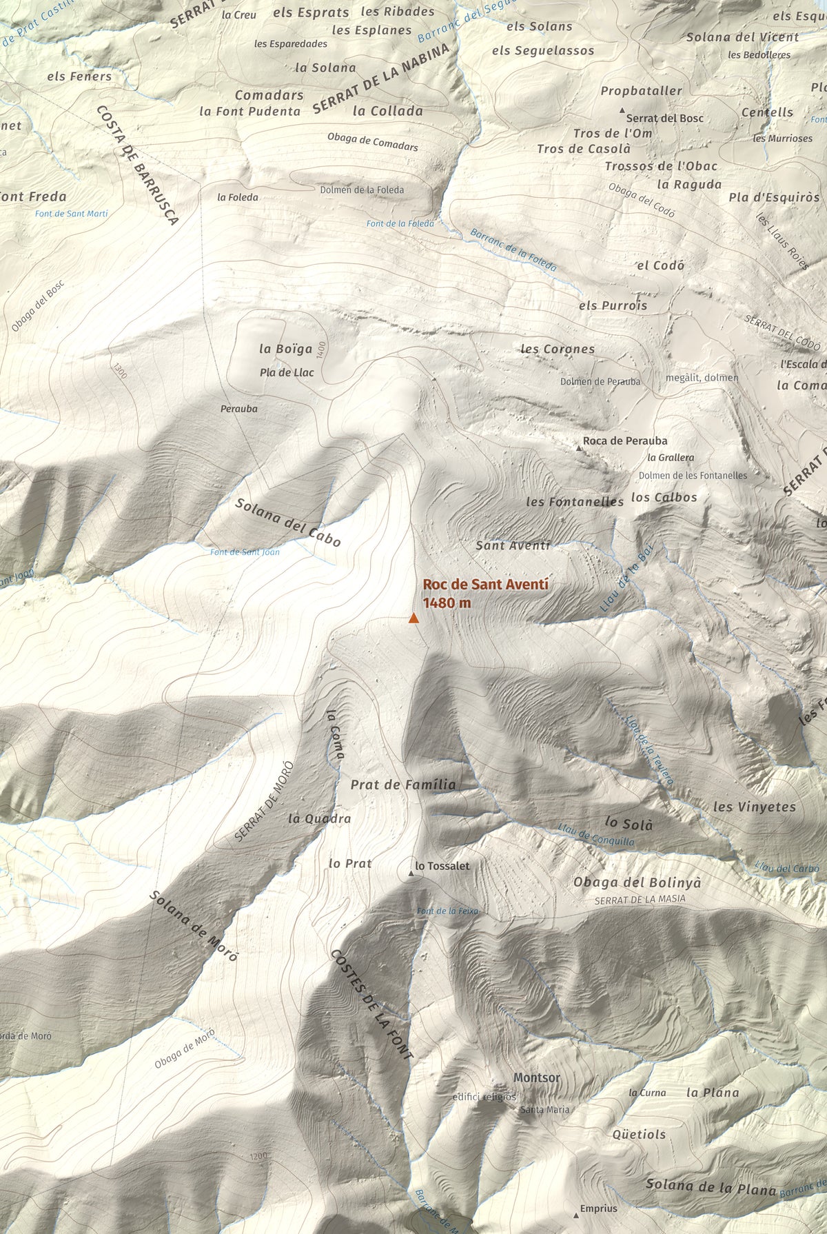 Mapa de relieve de Roc de Sant Aventí, 1480 m, Pallars Jussà · Pallars Sobirà, lámina 100 Cims de Trobart. Detalle de la zona central. 61 × 91 cm.