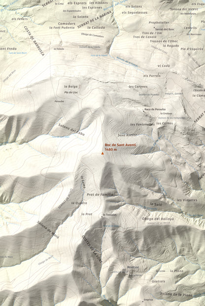 Mapa de relieve de Roc de Sant Aventí, 1480 m, Pallars Jussà · Pallars Sobirà, lámina 100 Cims de Trobart. Detalle de la zona central. 61 × 91 cm.