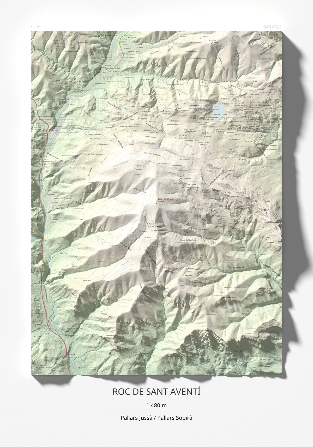 Mapa de relieve de Roc de Sant Aventí, 1480 m, Pallars Jussà · Pallars Sobirà, lámina 100 Cims de Trobart 70 × 100 cm.