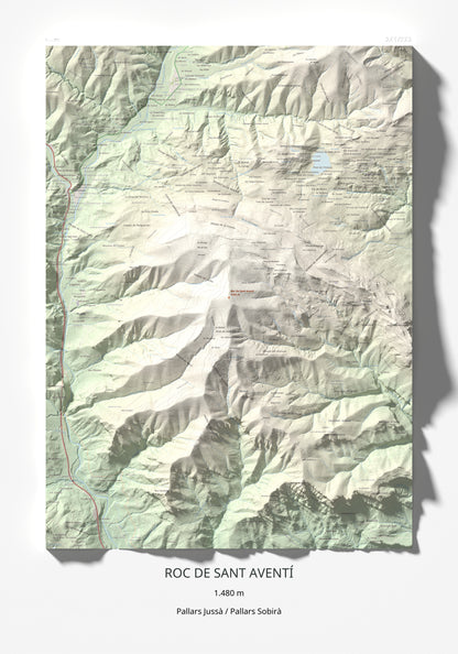 Mapa de relieve de Roc de Sant Aventí, 1480 m, Pallars Jussà · Pallars Sobirà, lámina 100 Cims de Trobart 70 × 100 cm.