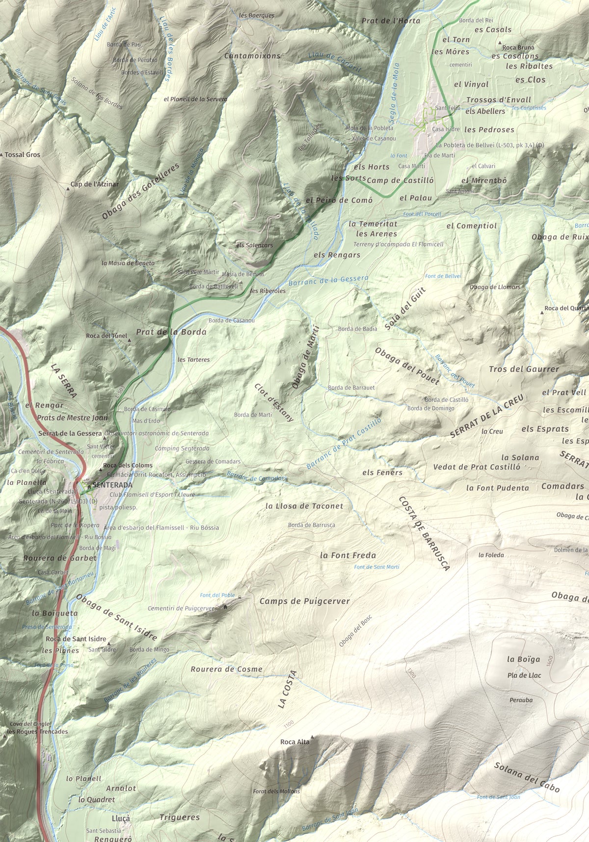 Mapa de relieve de Roc de Sant Aventí, 1480 m, Pallars Jussà · Pallars Sobirà, lámina 100 Cims de Trobart. Detalle de la zona superior izquierda. 70 × 100 cm.