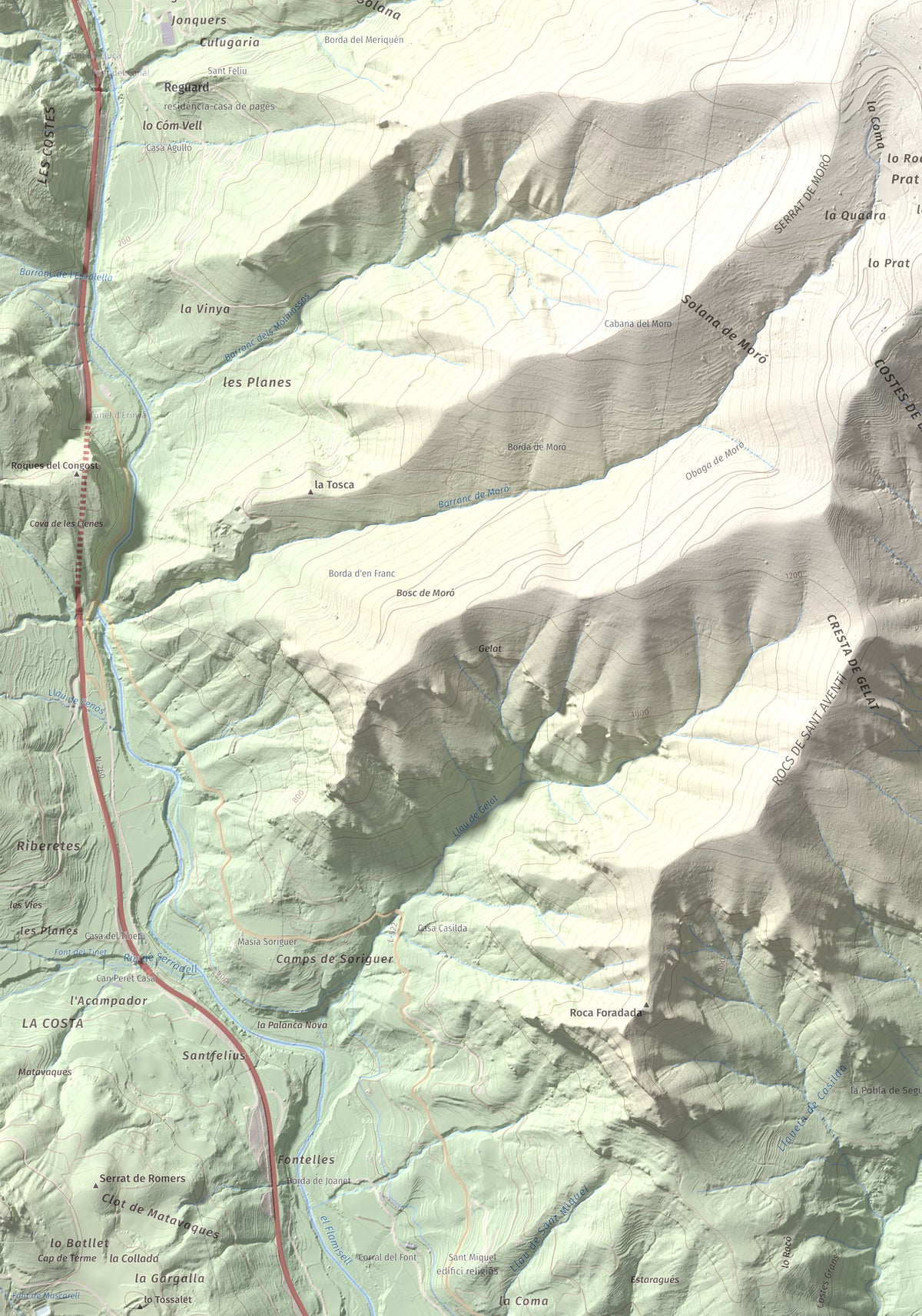 Mapa de relieve de Roc de Sant Aventí, 1480 m, Pallars Jussà · Pallars Sobirà, lámina 100 Cims de Trobart. Detalle de la zona inferior izquierda. 70 × 100 cm.