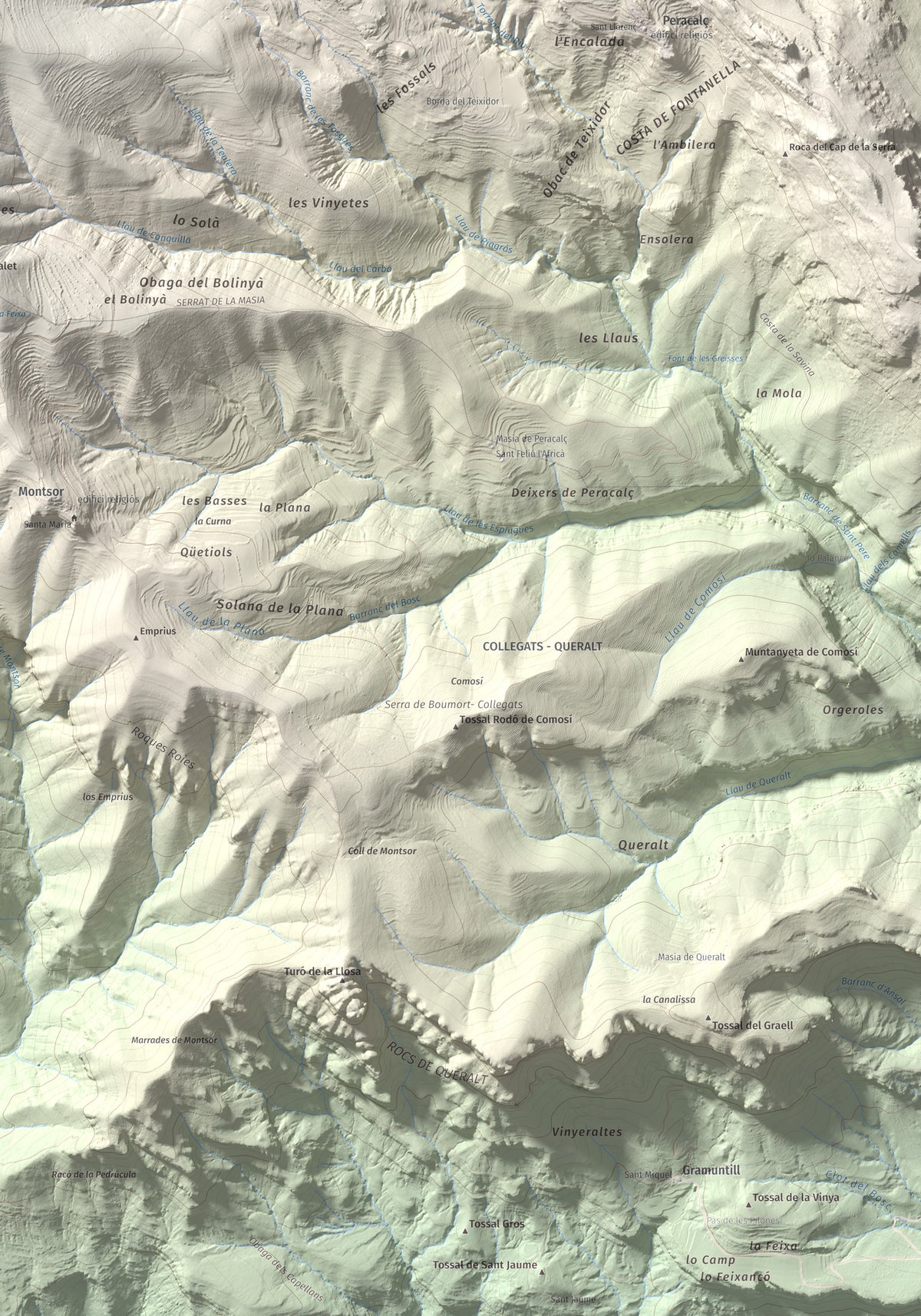Mapa de relieve de Roc de Sant Aventí, 1480 m, Pallars Jussà · Pallars Sobirà, lámina 100 Cims de Trobart. Detalle de la zona inferior derecha. 70 × 100 cm.