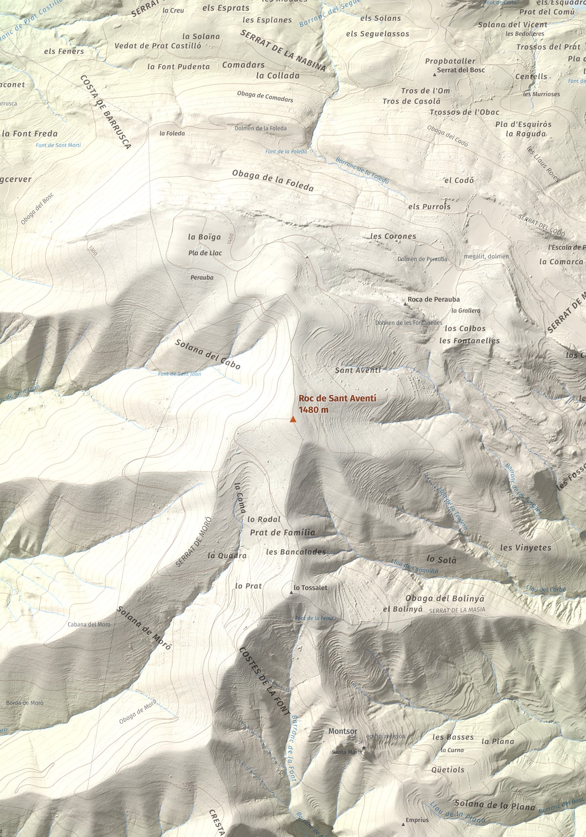 Mapa de relieve de Roc de Sant Aventí, 1480 m, Pallars Jussà · Pallars Sobirà, lámina 100 Cims de Trobart. Detalle de la zona central. 70 × 100 cm.