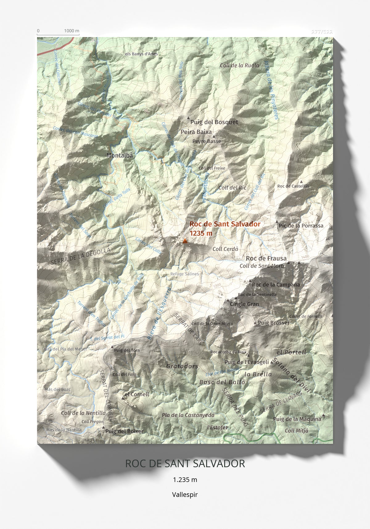 Mapa de relieve de Roc de Sant Salvador, 1235 m, Vallespir, lámina 100 Cims de Trobart 21 × 30 cm.