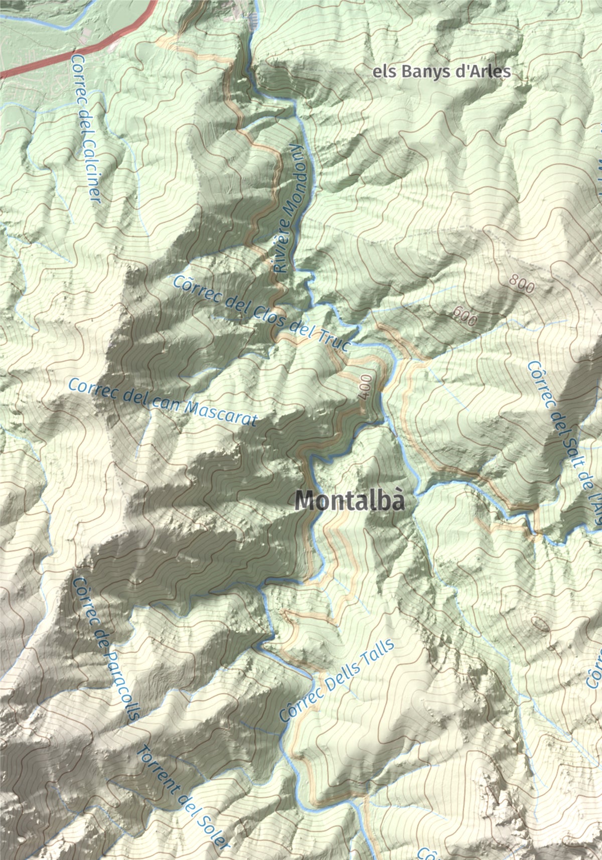 Mapa de relieve de Roc de Sant Salvador, 1235 m, Vallespir, lámina 100 Cims de Trobart. Detalle de la zona superior izquierda. 21 × 30 cm.
