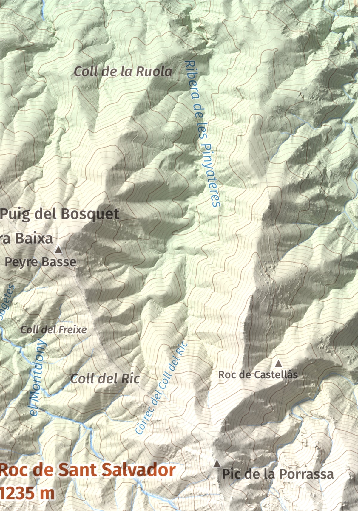 Mapa de relieve de Roc de Sant Salvador, 1235 m, Vallespir, lámina 100 Cims de Trobart. Detalle de la zona superior derecha. 21 × 30 cm.