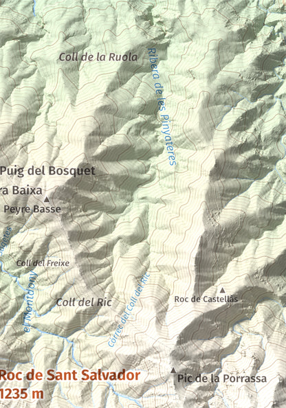Mapa de relieve de Roc de Sant Salvador, 1235 m, Vallespir, lámina 100 Cims de Trobart. Detalle de la zona superior derecha. 21 × 30 cm.