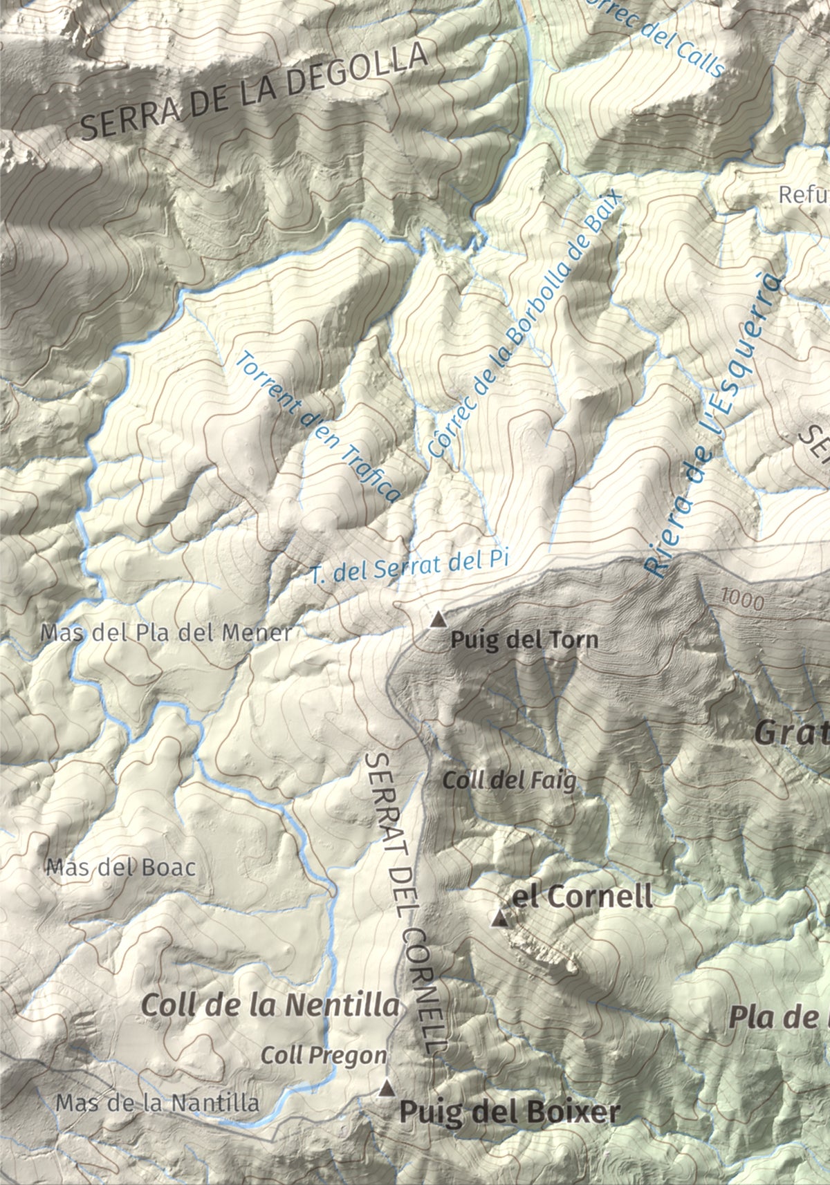 Mapa de relieve de Roc de Sant Salvador, 1235 m, Vallespir, lámina 100 Cims de Trobart. Detalle de la zona inferior izquierda. 21 × 30 cm.