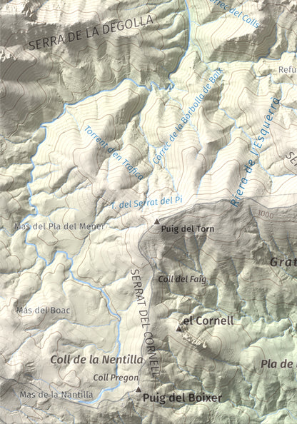 Mapa de relieve de Roc de Sant Salvador, 1235 m, Vallespir, lámina 100 Cims de Trobart. Detalle de la zona inferior izquierda. 21 × 30 cm.