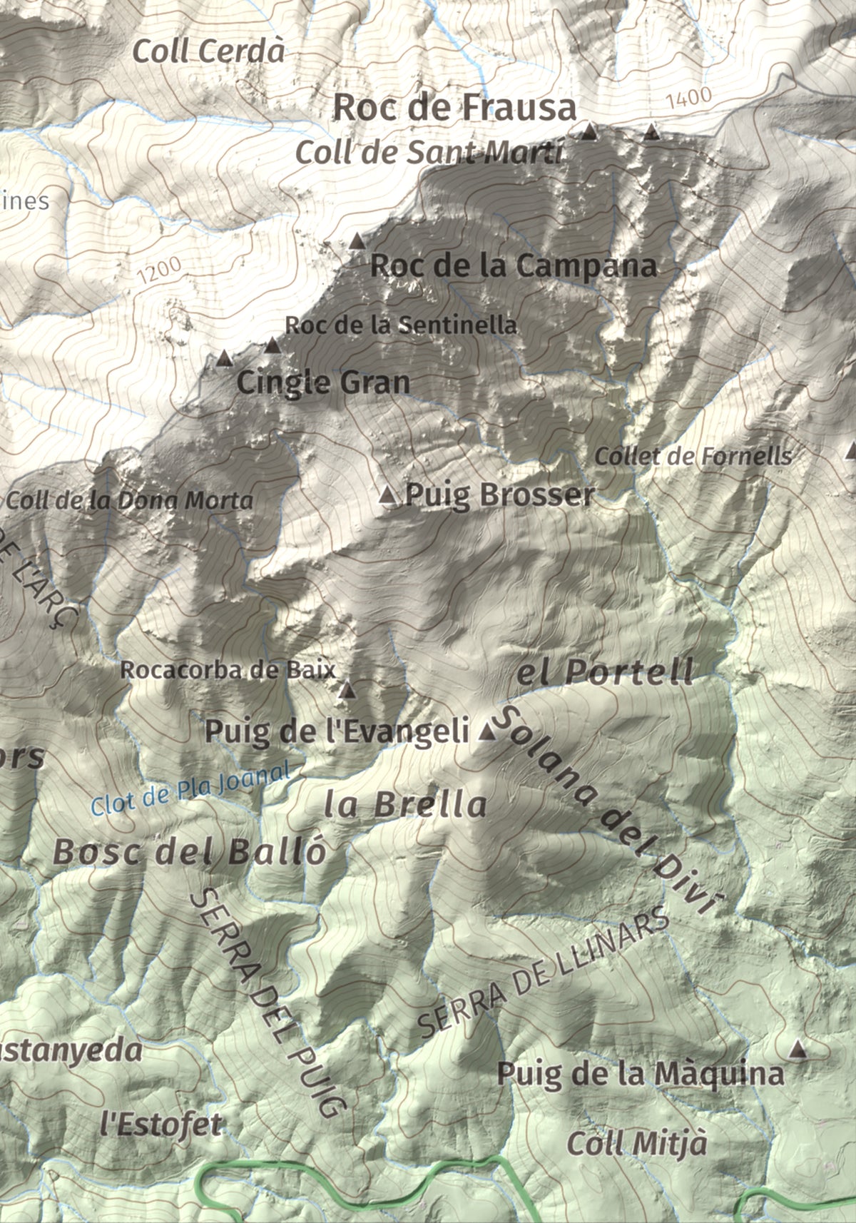 Mapa de relieve de Roc de Sant Salvador, 1235 m, Vallespir, lámina 100 Cims de Trobart. Detalle de la zona inferior derecha. 21 × 30 cm.