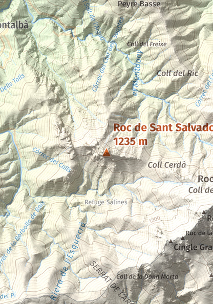 Mapa de relieve de Roc de Sant Salvador, 1235 m, Vallespir, lámina 100 Cims de Trobart. Detalle de la zona central. 21 × 30 cm.