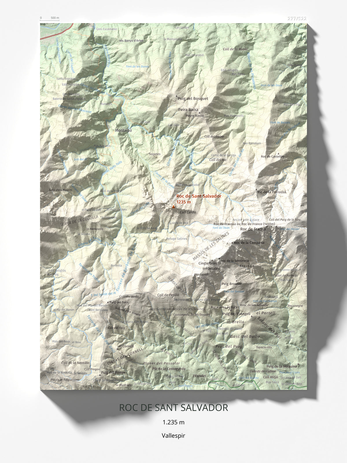 Mapa de relieve de Roc de Sant Salvador, 1235 m, Vallespir, lámina 100 Cims de Trobart 30 × 40 cm.