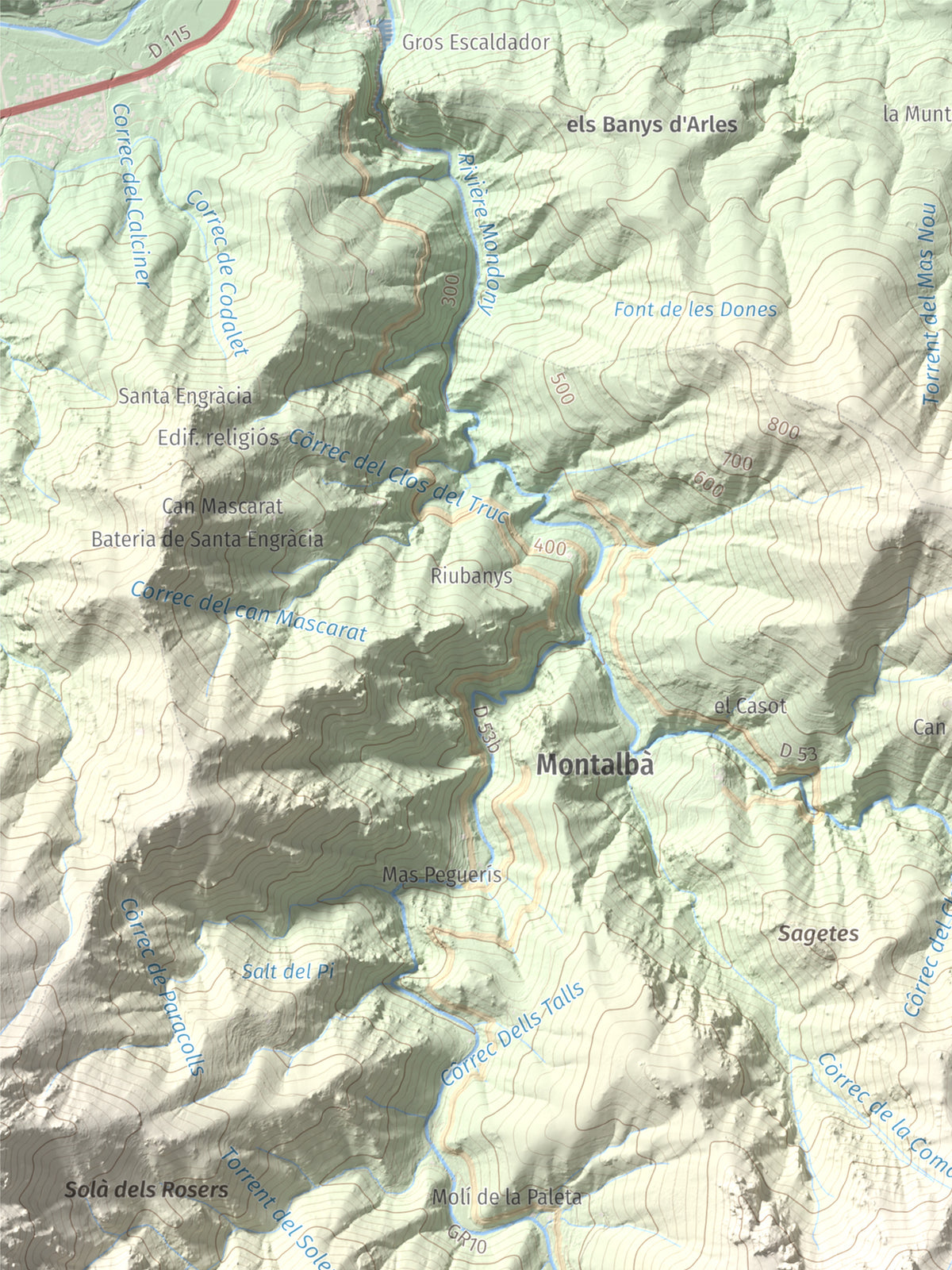 Mapa de relieve de Roc de Sant Salvador, 1235 m, Vallespir, lámina 100 Cims de Trobart. Detalle de la zona superior izquierda. 30 × 40 cm.