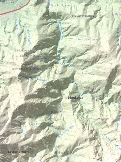 Mapa de relieve de Roc de Sant Salvador, 1235 m, Vallespir, lámina 100 Cims de Trobart. Detalle de la zona superior izquierda. 30 × 40 cm.
