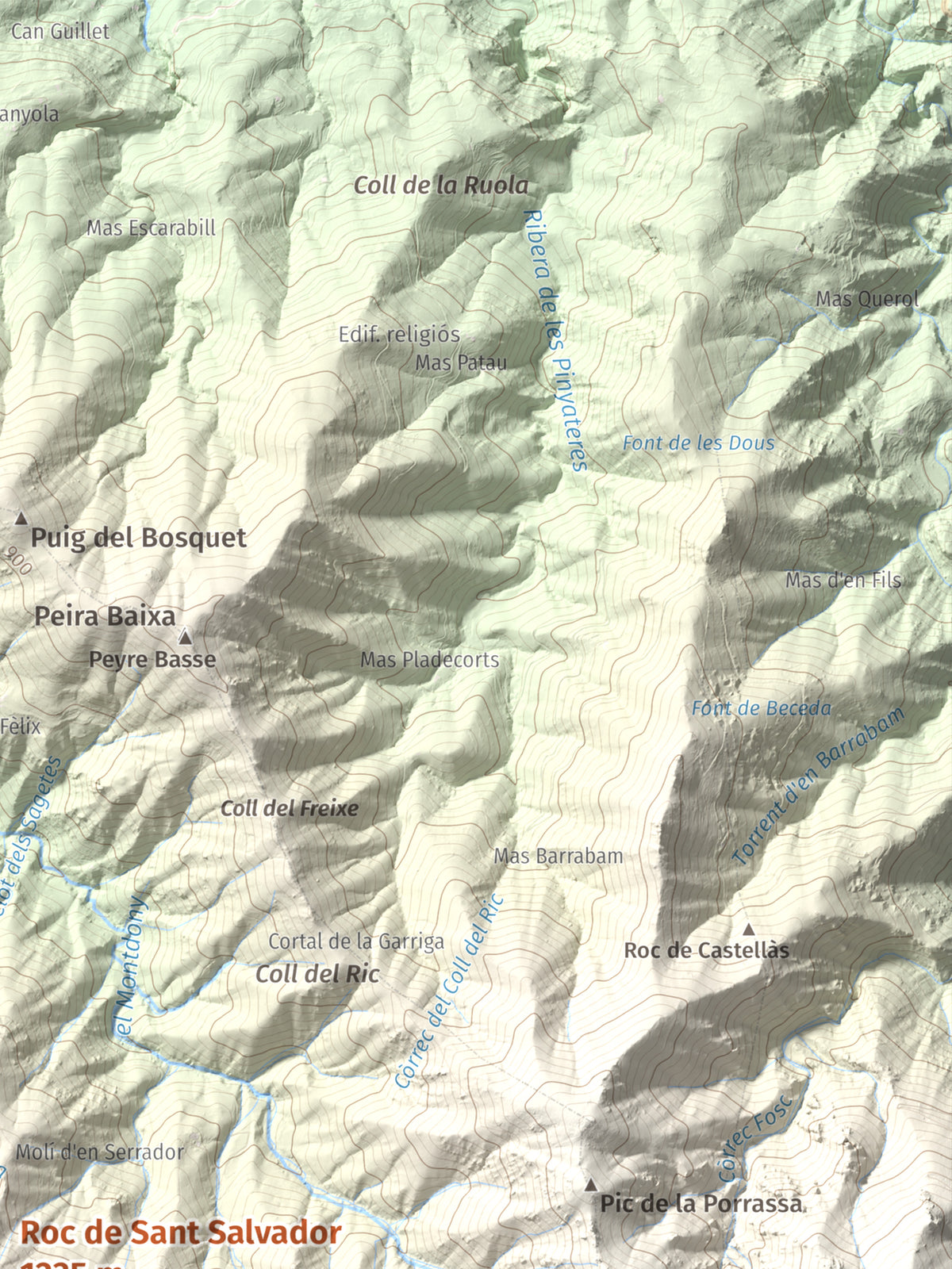 Mapa de relieve de Roc de Sant Salvador, 1235 m, Vallespir, lámina 100 Cims de Trobart. Detalle de la zona superior derecha. 30 × 40 cm.