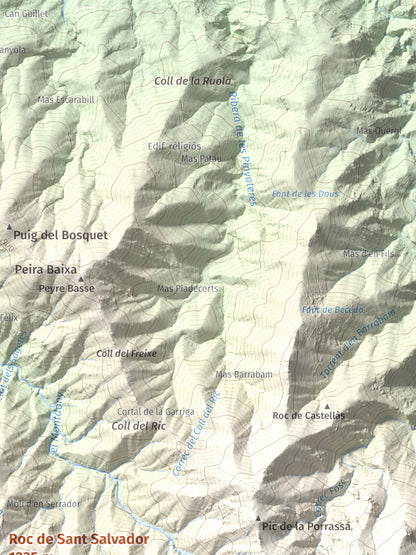 Mapa de relieve de Roc de Sant Salvador, 1235 m, Vallespir, lámina 100 Cims de Trobart. Detalle de la zona superior derecha. 30 × 40 cm.