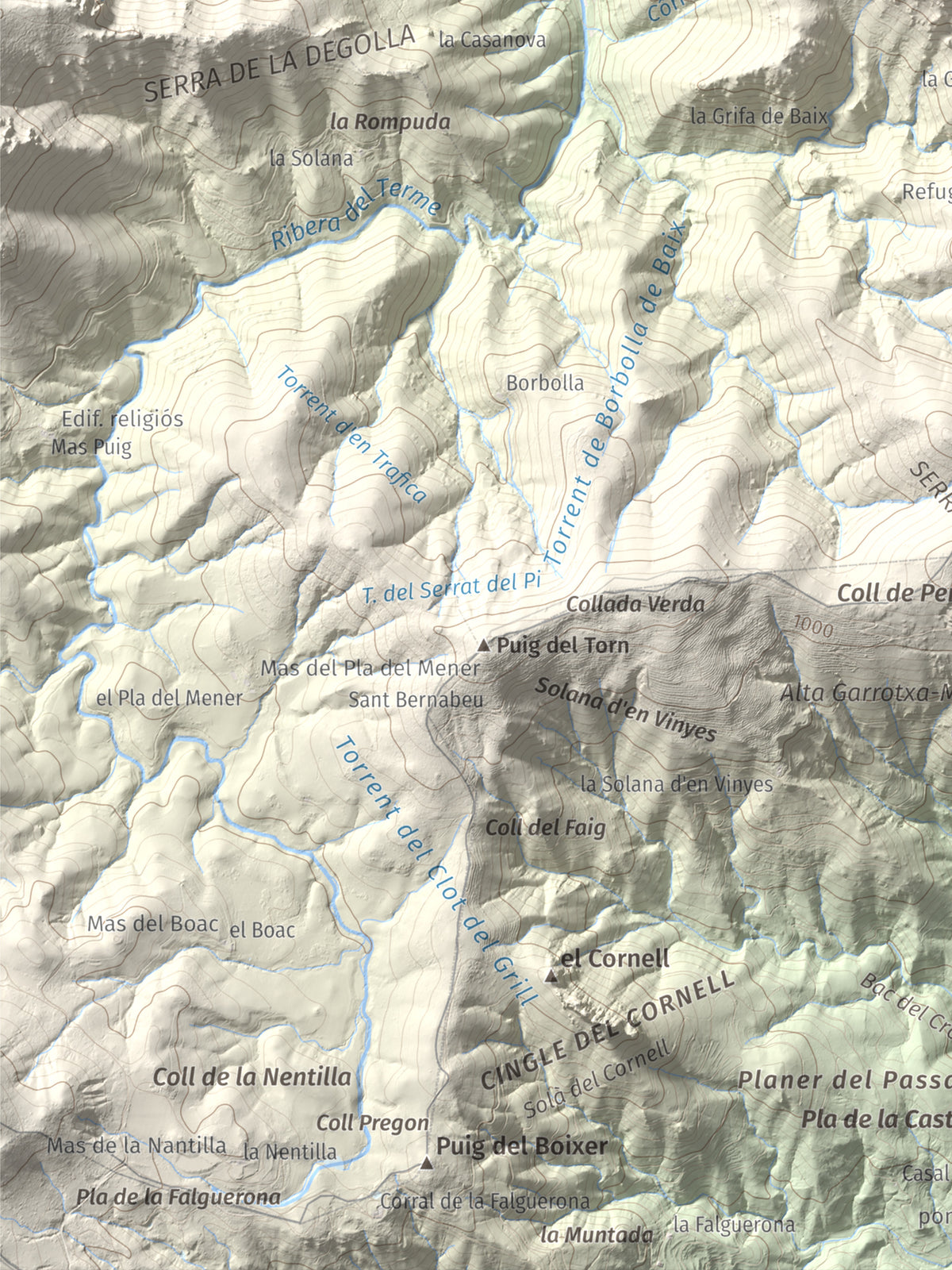 Mapa de relieve de Roc de Sant Salvador, 1235 m, Vallespir, lámina 100 Cims de Trobart. Detalle de la zona inferior izquierda. 30 × 40 cm.
