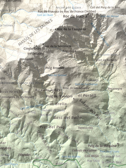 Mapa de relieve de Roc de Sant Salvador, 1235 m, Vallespir, lámina 100 Cims de Trobart. Detalle de la zona inferior derecha. 30 × 40 cm.
