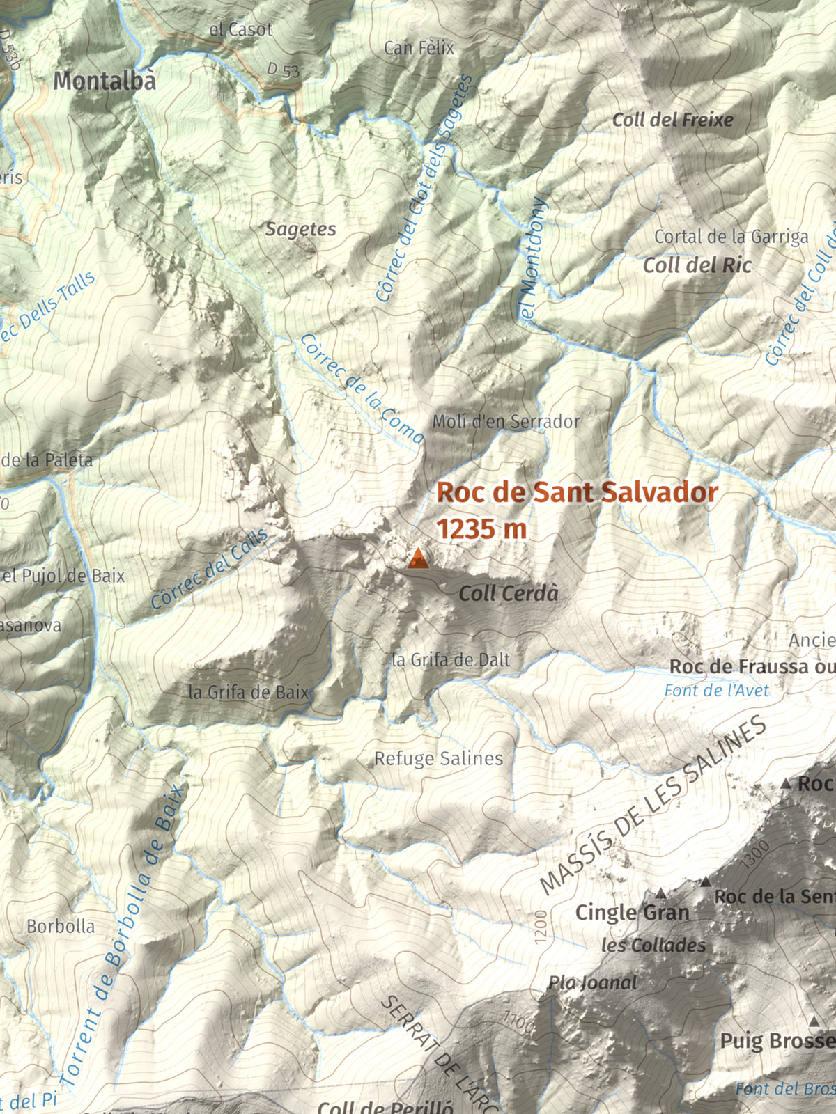 Mapa de relieve de Roc de Sant Salvador, 1235 m, Vallespir, lámina 100 Cims de Trobart. Detalle de la zona central. 30 × 40 cm.