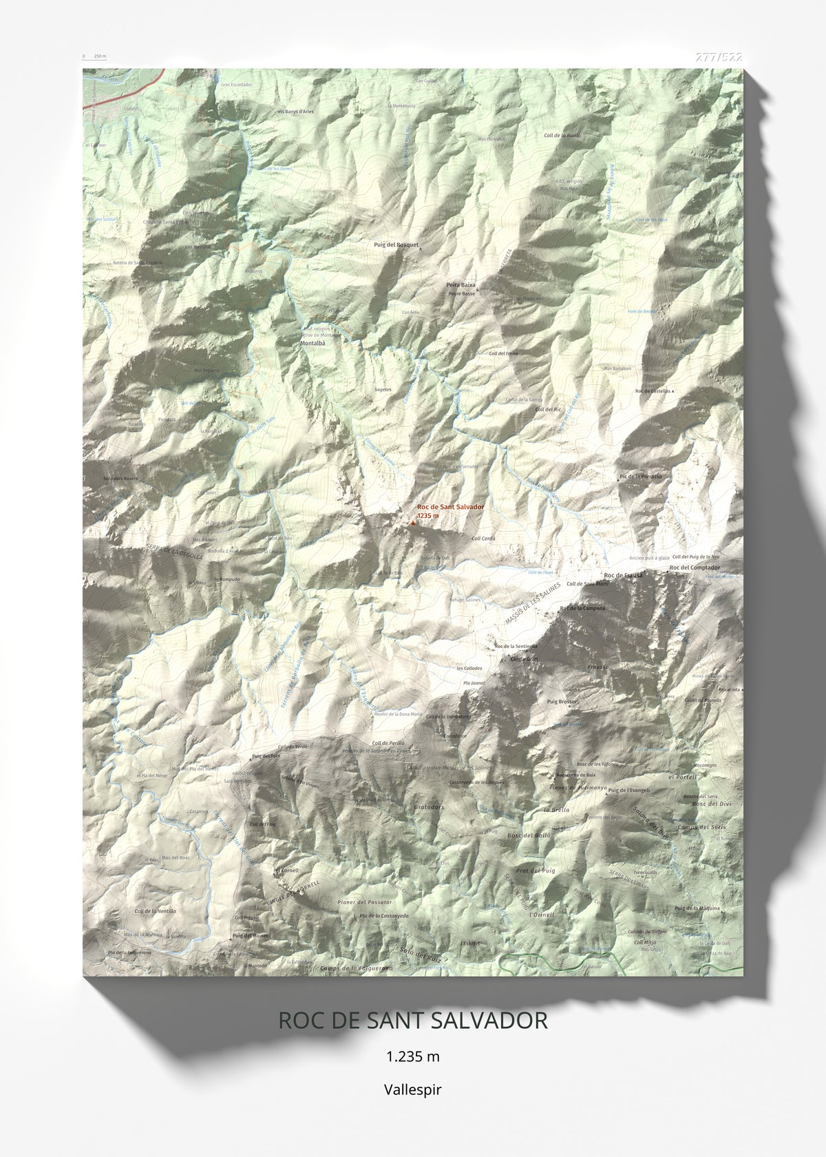 Mapa de relieve de Roc de Sant Salvador, 1235 m, Vallespir, lámina 100 Cims de Trobart 50 × 70 cm.