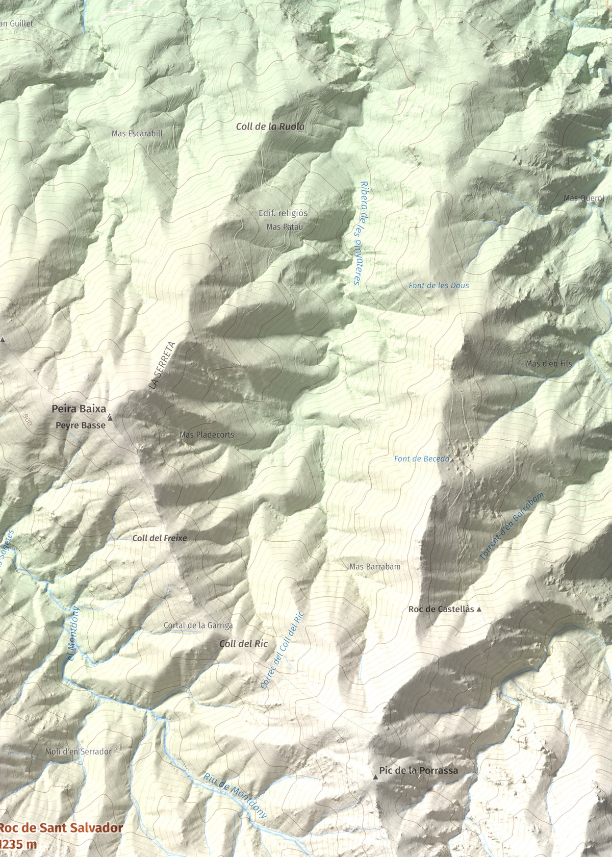 Mapa de relieve de Roc de Sant Salvador, 1235 m, Vallespir, lámina 100 Cims de Trobart. Detalle de la zona superior derecha. 50 × 70 cm.
