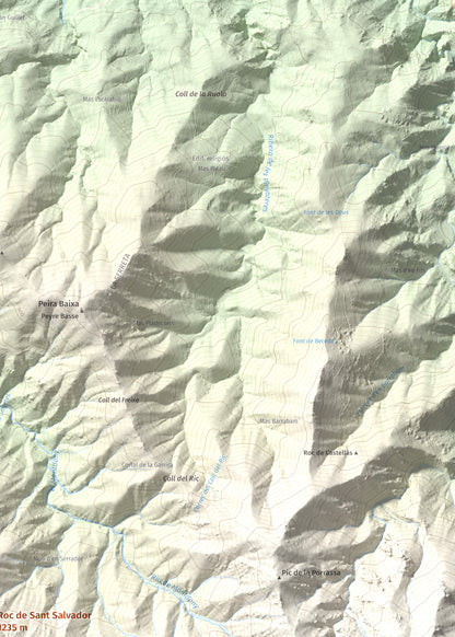 Mapa de relieve de Roc de Sant Salvador, 1235 m, Vallespir, lámina 100 Cims de Trobart. Detalle de la zona superior derecha. 50 × 70 cm.