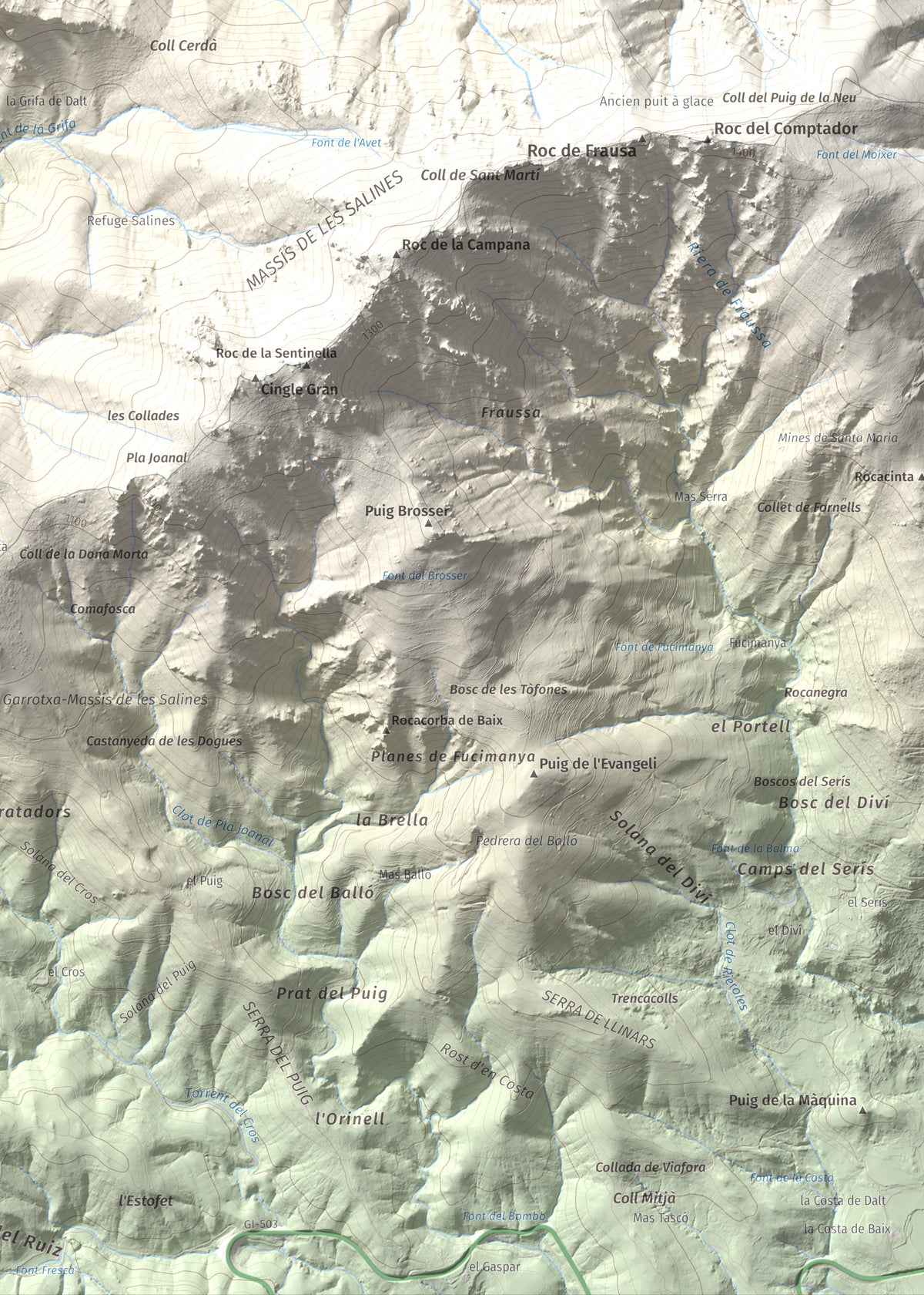 Mapa de relieve de Roc de Sant Salvador, 1235 m, Vallespir, lámina 100 Cims de Trobart. Detalle de la zona inferior derecha. 50 × 70 cm.