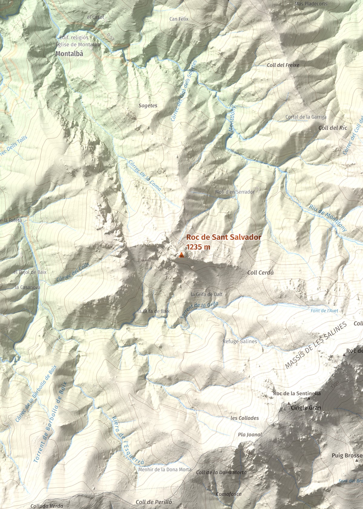 Mapa de relieve de Roc de Sant Salvador, 1235 m, Vallespir, lámina 100 Cims de Trobart. Detalle de la zona central. 50 × 70 cm.