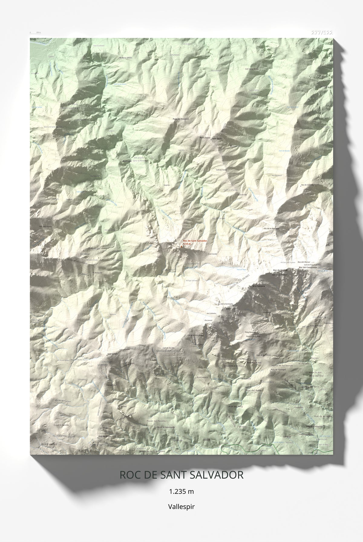 Mapa de relieve de Roc de Sant Salvador, 1235 m, Vallespir, lámina 100 Cims de Trobart 61 × 91 cm.