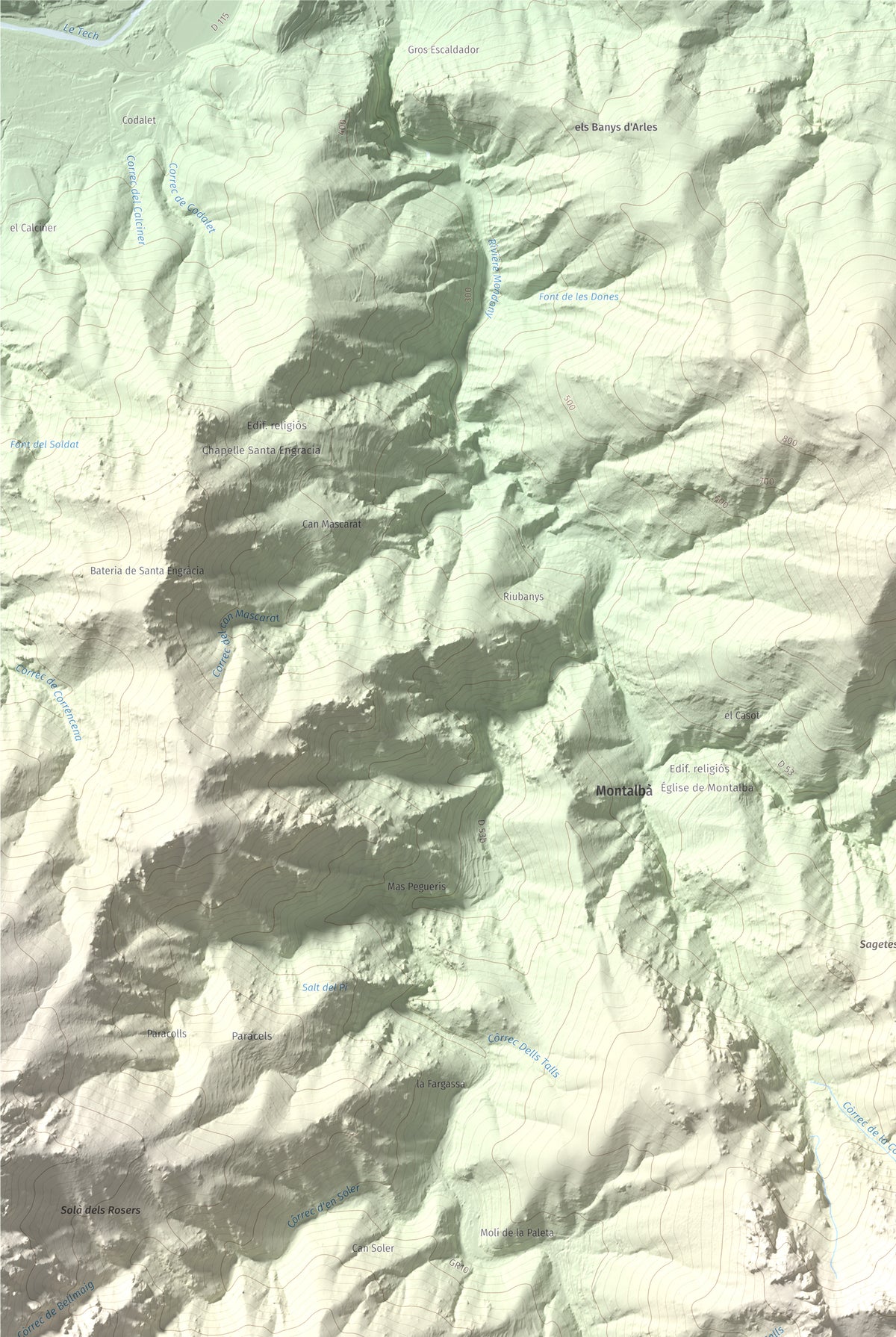 Mapa de relieve de Roc de Sant Salvador, 1235 m, Vallespir, lámina 100 Cims de Trobart. Detalle de la zona superior izquierda. 61 × 91 cm.