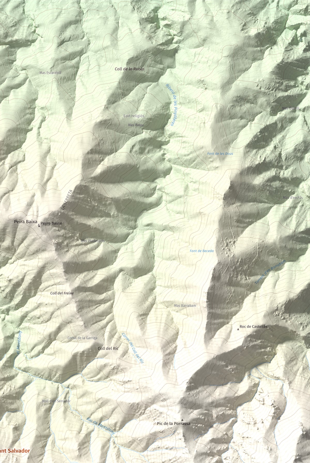 Mapa de relieve de Roc de Sant Salvador, 1235 m, Vallespir, lámina 100 Cims de Trobart. Detalle de la zona superior derecha. 61 × 91 cm.