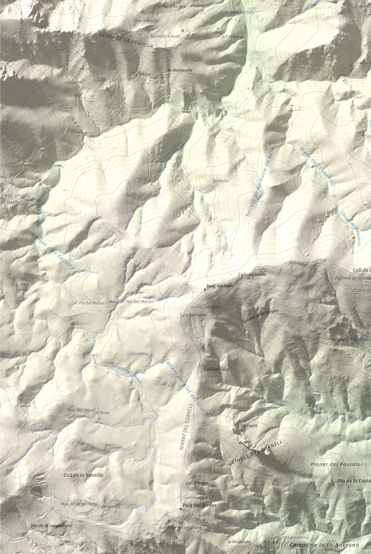 Mapa de relieve de Roc de Sant Salvador, 1235 m, Vallespir, lámina 100 Cims de Trobart. Detalle de la zona inferior izquierda. 61 × 91 cm.