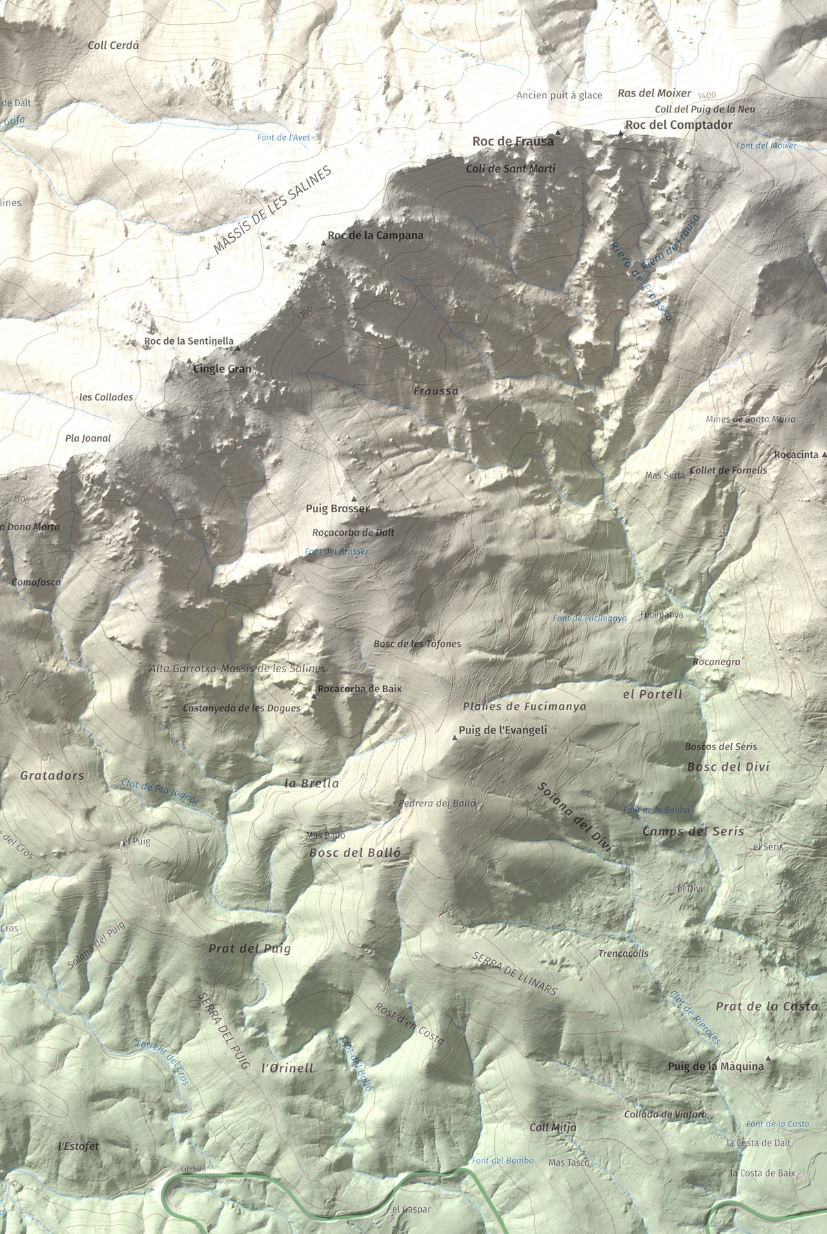 Mapa de relieve de Roc de Sant Salvador, 1235 m, Vallespir, lámina 100 Cims de Trobart. Detalle de la zona inferior derecha. 61 × 91 cm.