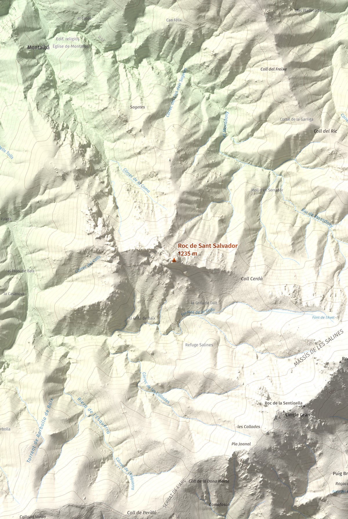 Mapa de relieve de Roc de Sant Salvador, 1235 m, Vallespir, lámina 100 Cims de Trobart. Detalle de la zona central. 61 × 91 cm.