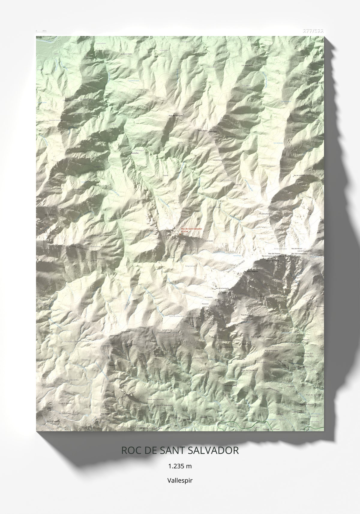 Mapa de relieve de Roc de Sant Salvador, 1235 m, Vallespir, lámina 100 Cims de Trobart 70 × 100 cm.