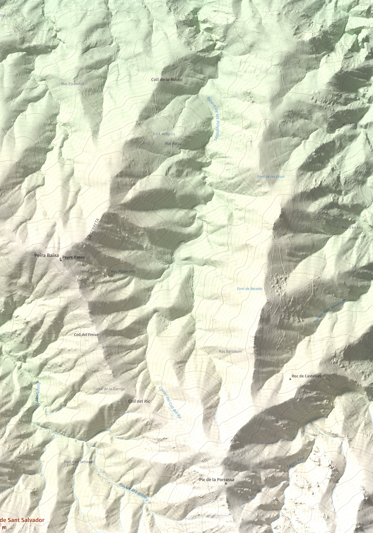 Mapa de relieve de Roc de Sant Salvador, 1235 m, Vallespir, lámina 100 Cims de Trobart. Detalle de la zona superior derecha. 70 × 100 cm.