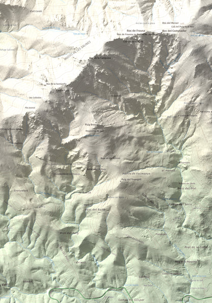 Mapa de relieve de Roc de Sant Salvador, 1235 m, Vallespir, lámina 100 Cims de Trobart. Detalle de la zona inferior derecha. 70 × 100 cm.