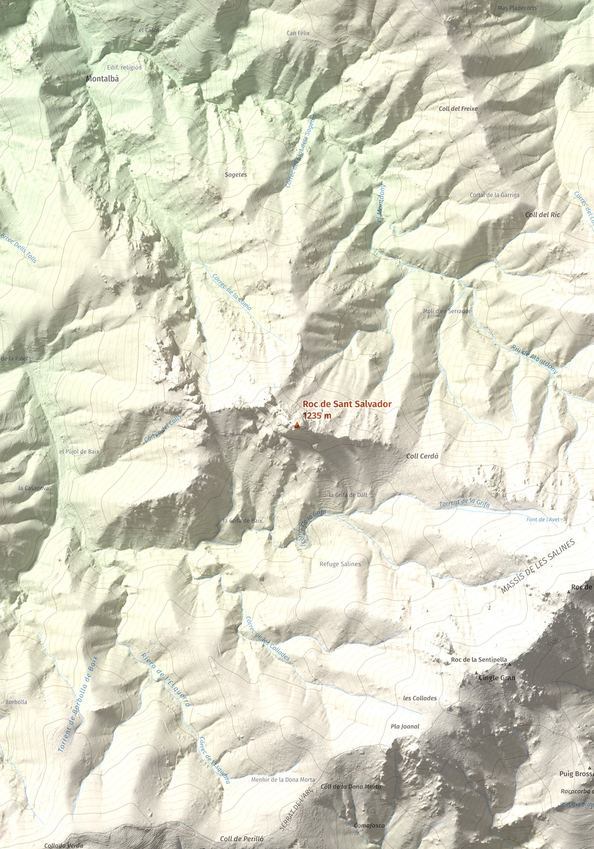 Mapa de relieve de Roc de Sant Salvador, 1235 m, Vallespir, lámina 100 Cims de Trobart. Detalle de la zona central. 70 × 100 cm.