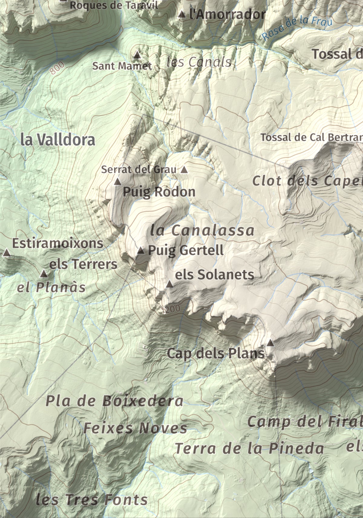 Mapa de relieve de Roc de les Monges (Serrat de la Qüestió), 1415 m, Solsonès, lámina 100 Cims de Trobart. Detalle de la zona inferior izquierda. 21 × 30 cm.