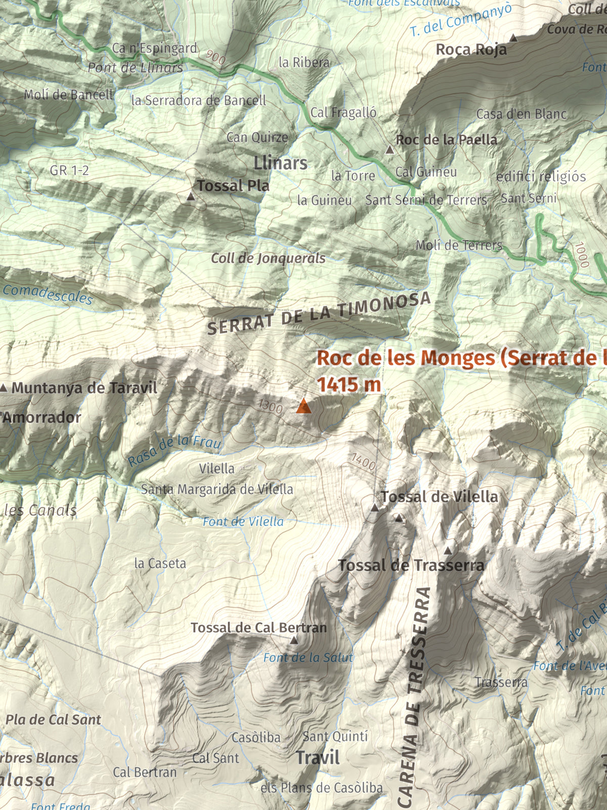 Mapa de relieve de Roc de les Monges (Serrat de la Qüestió), 1415 m, Solsonès, lámina 100 Cims de Trobart. Detalle de la zona central. 30 × 40 cm.