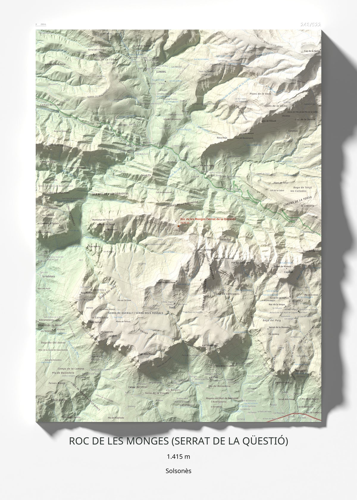 Mapa de relieve de Roc de les Monges (Serrat de la Qüestió), 1415 m, Solsonès, lámina 100 Cims de Trobart 50 × 70 cm.