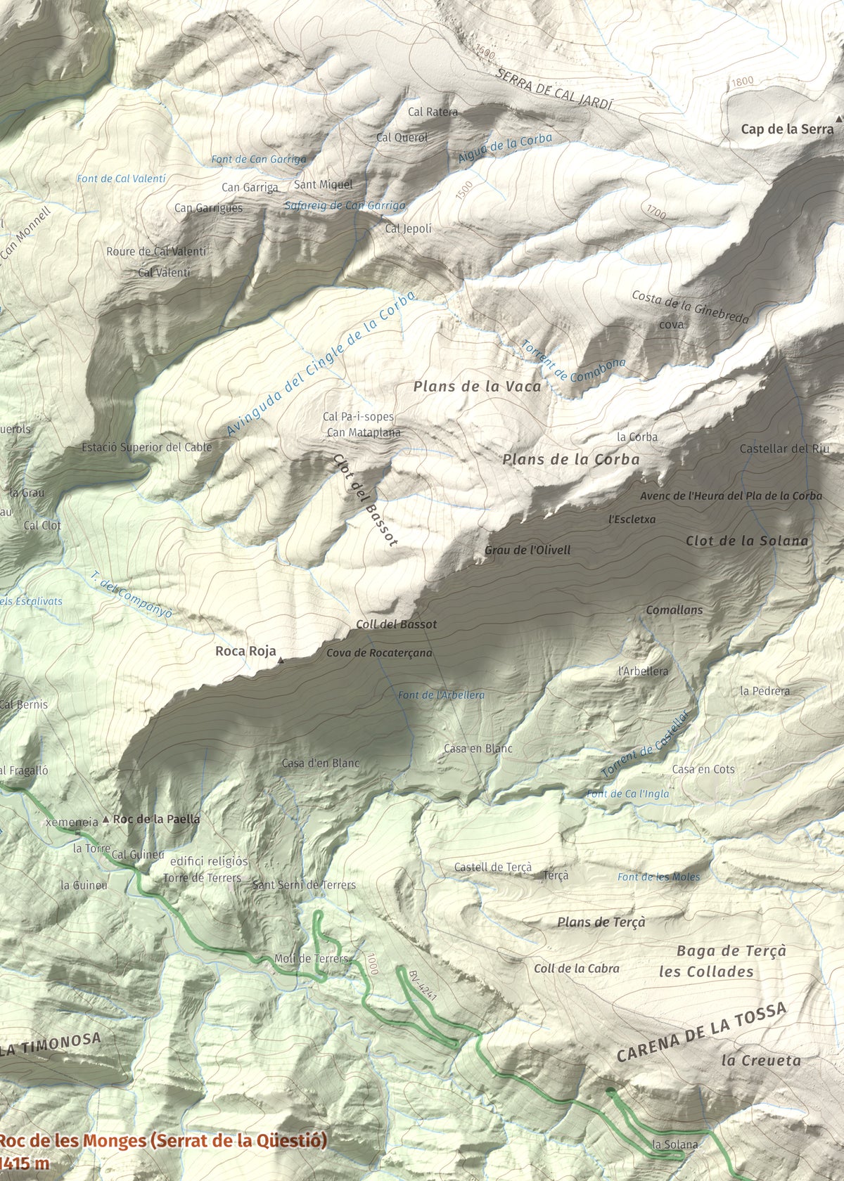 Mapa de relieve de Roc de les Monges (Serrat de la Qüestió), 1415 m, Solsonès, lámina 100 Cims de Trobart. Detalle de la zona superior derecha. 50 × 70 cm.