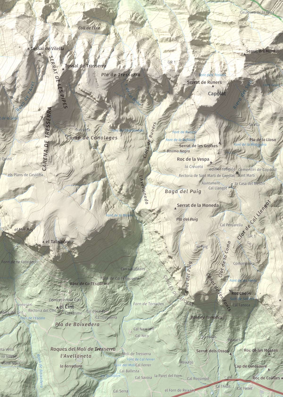 Mapa de relieve de Roc de les Monges (Serrat de la Qüestió), 1415 m, Solsonès, lámina 100 Cims de Trobart. Detalle de la zona inferior derecha. 50 × 70 cm.