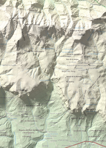 Mapa de relieve de Roc de les Monges (Serrat de la Qüestió), 1415 m, Solsonès, lámina 100 Cims de Trobart. Detalle de la zona inferior derecha. 50 × 70 cm.