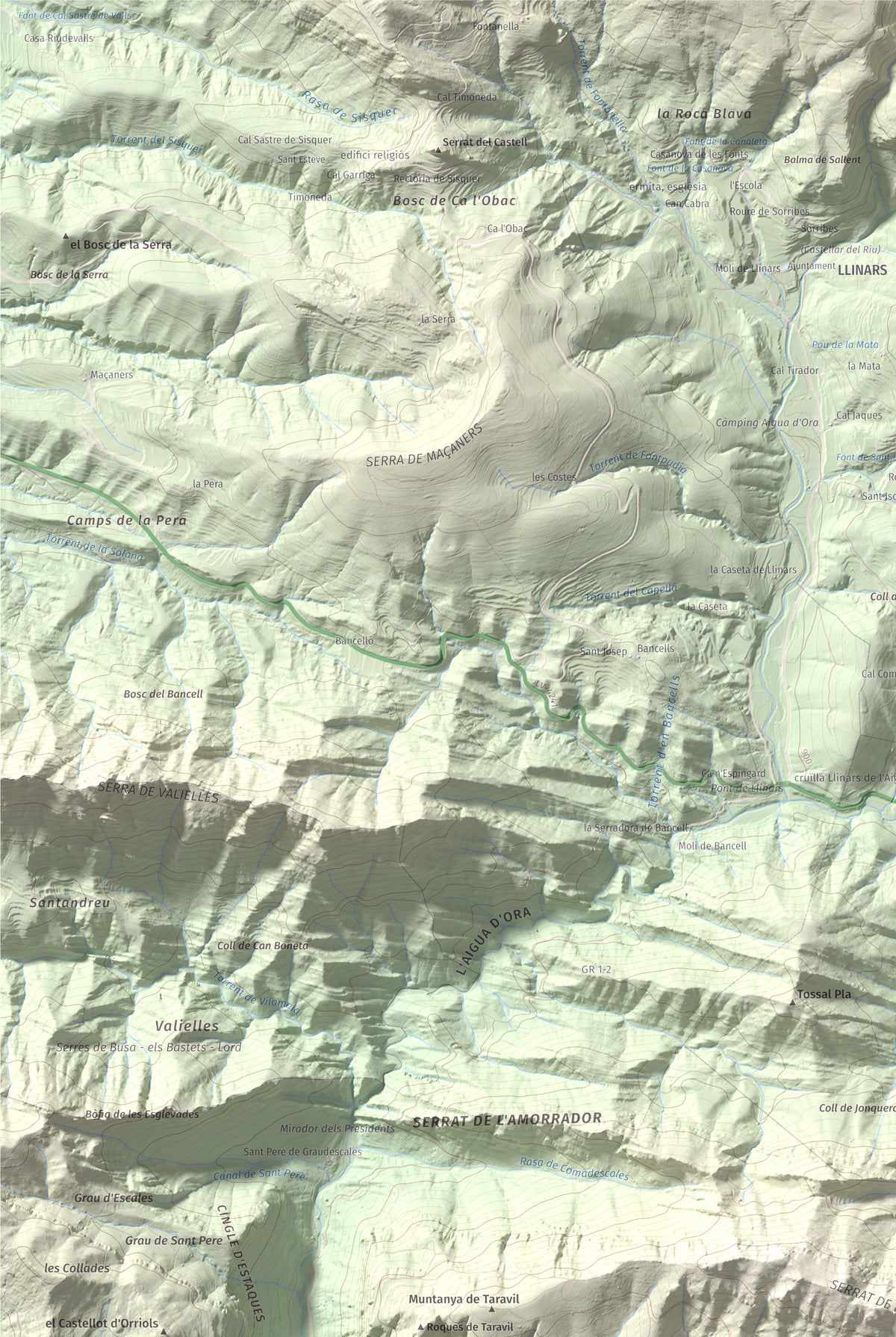 Mapa de relieve de Roc de les Monges (Serrat de la Qüestió), 1415 m, Solsonès, lámina 100 Cims de Trobart. Detalle de la zona superior izquierda. 61 × 91 cm.