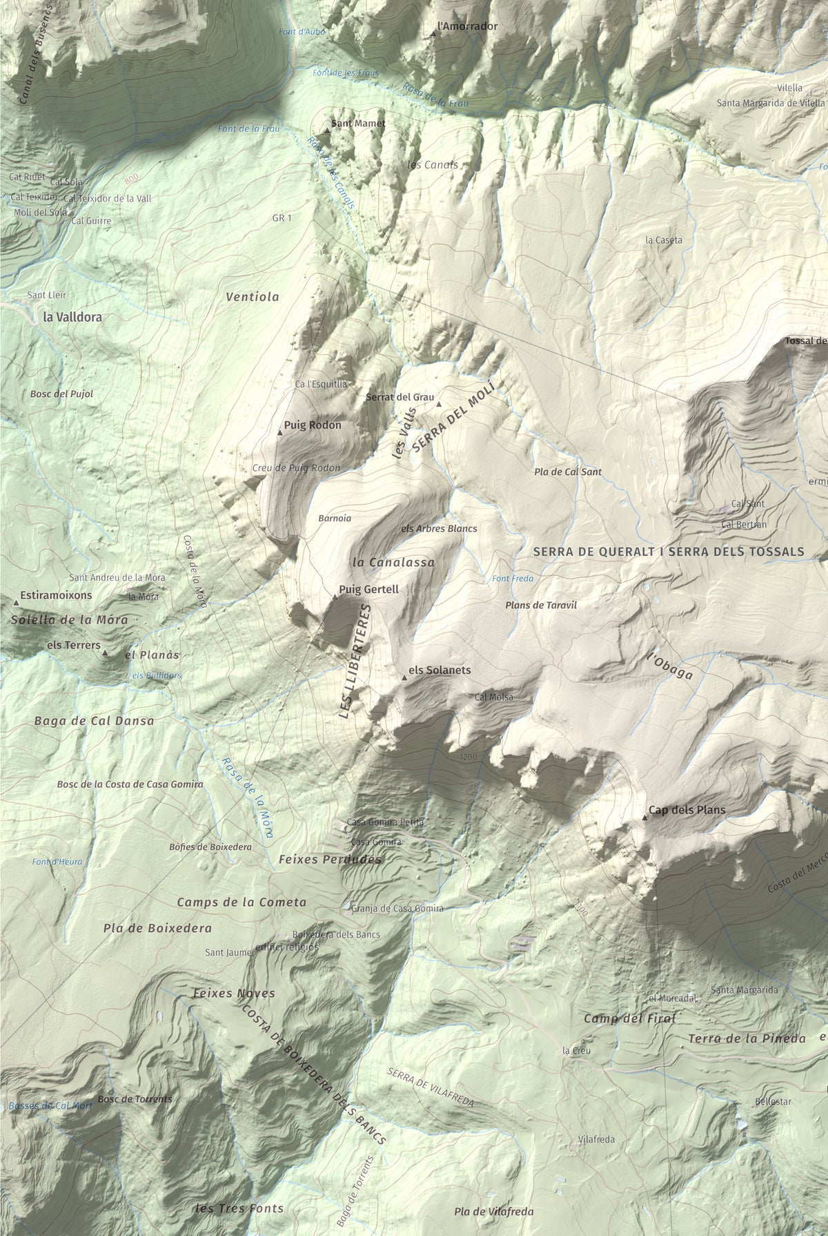 Mapa de relieve de Roc de les Monges (Serrat de la Qüestió), 1415 m, Solsonès, lámina 100 Cims de Trobart. Detalle de la zona inferior izquierda. 61 × 91 cm.