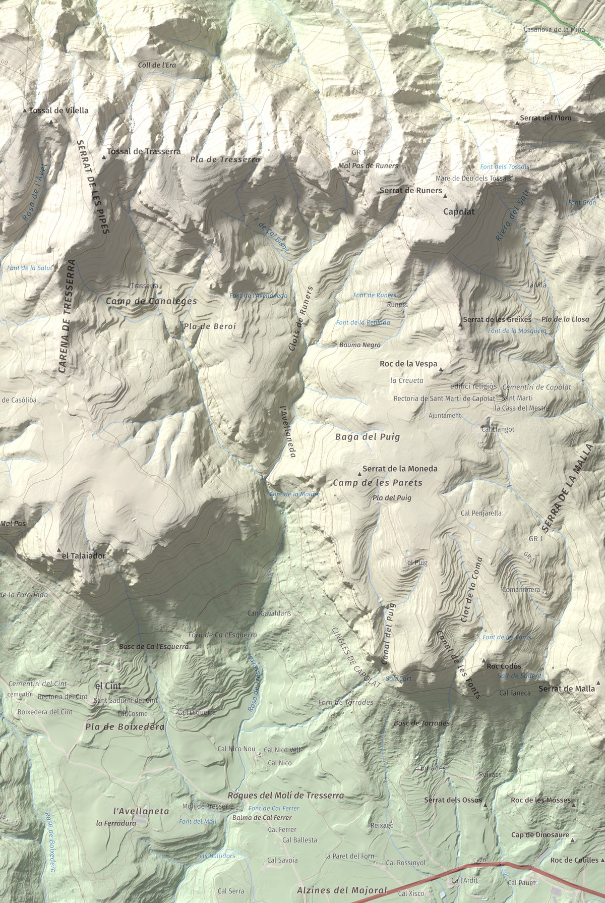 Mapa de relieve de Roc de les Monges (Serrat de la Qüestió), 1415 m, Solsonès, lámina 100 Cims de Trobart. Detalle de la zona inferior derecha. 61 × 91 cm.
