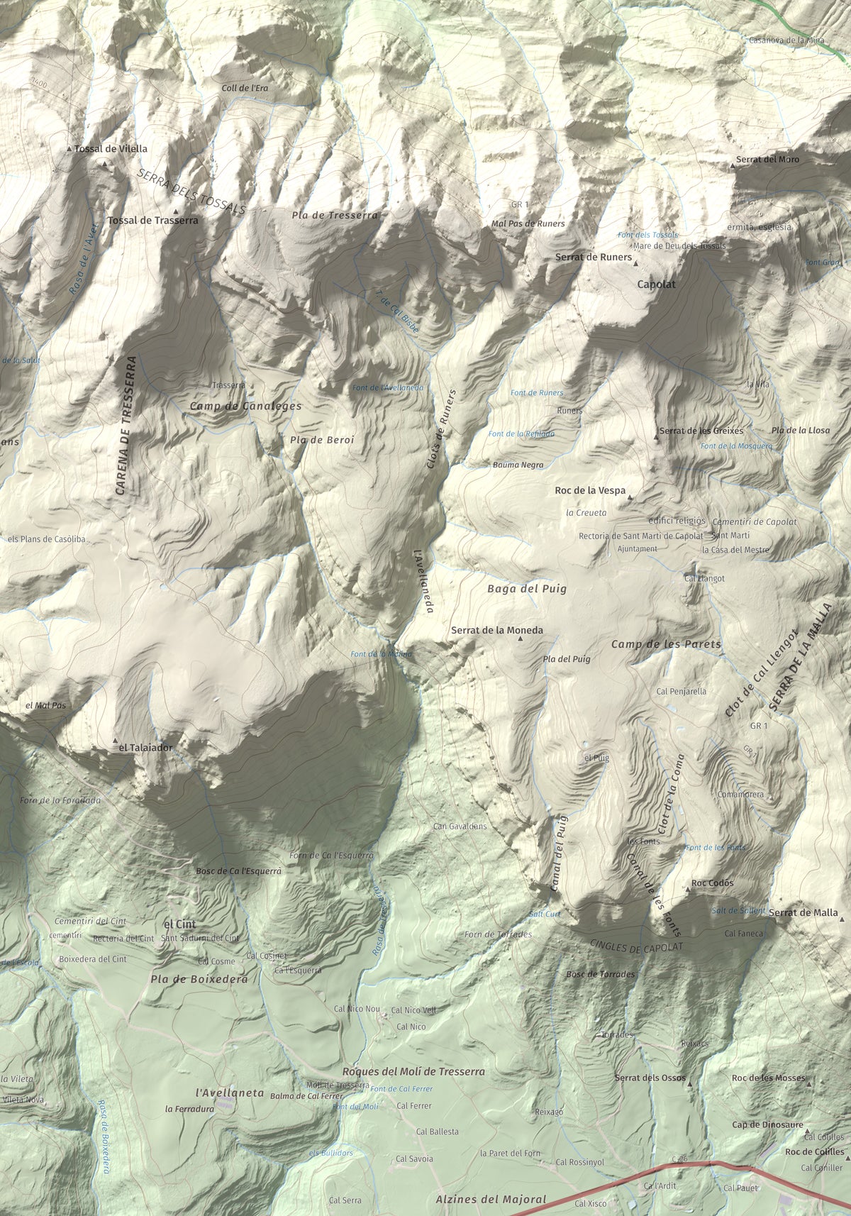 Mapa de relieve de Roc de les Monges (Serrat de la Qüestió), 1415 m, Solsonès, lámina 100 Cims de Trobart. Detalle de la zona inferior derecha. 70 × 100 cm.