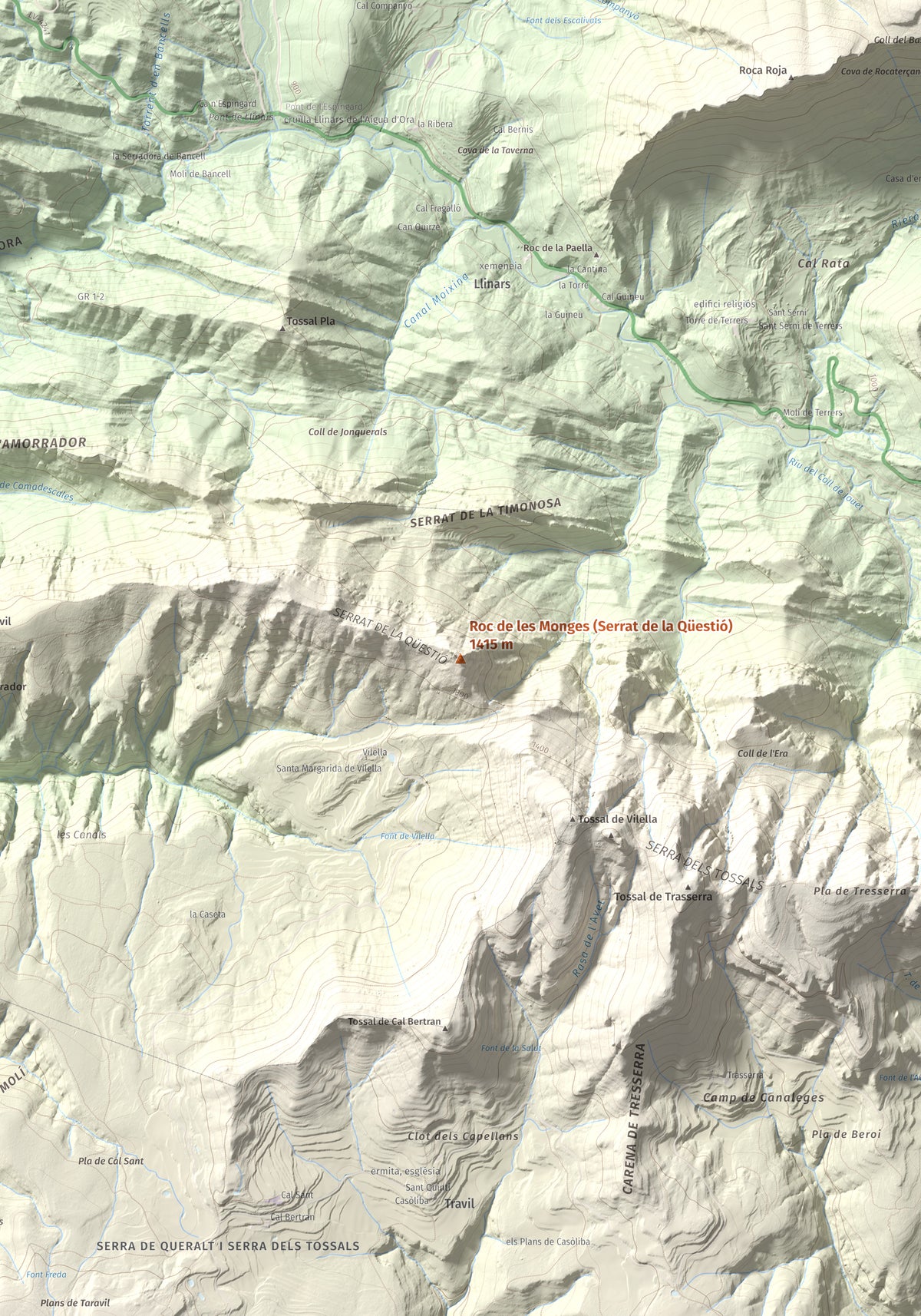 Mapa de relieve de Roc de les Monges (Serrat de la Qüestió), 1415 m, Solsonès, lámina 100 Cims de Trobart. Detalle de la zona central. 70 × 100 cm.